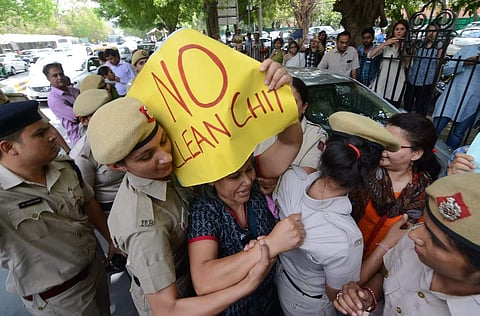 Women lawyers and activists held a protest outside the Supreme Court against the clean chit given in the sexual harassment case against CJI Ranjan Gogoi. (Photo | Naveen Kumar, EPS)