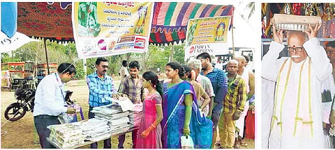 The New Indian Express distributed 3000 water and biscuit packets to the piligrims, Former Union minister Ashok Gajapathi Raju carries silk clothes for the deity | express