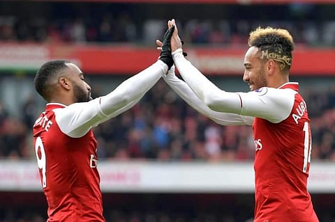 Arsenal forwards  Alexandre Lacazette and Pierre-Emerick Aubameyang (File Photo | AFP)