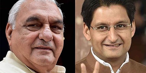 Bhupinder Singh Hooda and son Deepender Singh Hooda. (Photo|PTI)