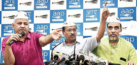 Chief Minister Arvind Kejriwal with his deputy Manish Sisodia and party leader Gopal Rai at the press conference, on Wednesday | Parveen Negi