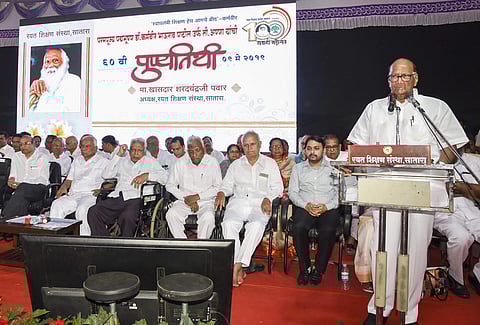 Nationalist Congress Party NCP President Sharad Pawar addresses during a function on the 60th death anniversary of Karmaveer Bhaurao Patil in Satara district Thursday May 9 2019. (Photo | PTI)