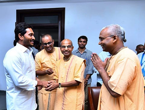 Andhra Pradesh CM YS Jagan Mohan Reddy held a review meeting with akshayapatra foundation and school education department at CM camp office near Vijayawada on Friday. | Express Photo Services
