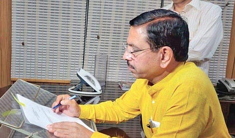 Newly-minted Cabinet minister Pralhad Joshi gets cracking on his first day in office  in New Delhi on Friday | Express