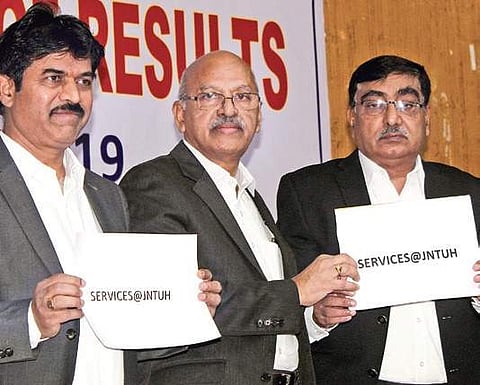 (from left) Prof N Yadaiah (TS Eamcet chairman), A Venugopal reddy and Papi Reddy, chairman of TSCHE, announce the TS Eamcet results at Jawaharlal Nehru Technological University in Hyderabad on Sunday. (Photo | Sathya Keerthi)