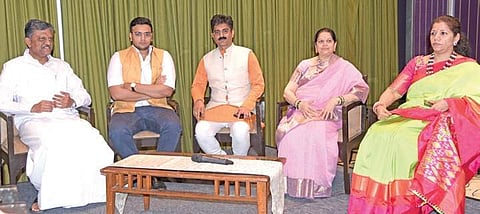 (From left) S Babaji Rajah Bhonsle, Yaduveer Wadiyar, Krishna Devaraya, Surya Prabha Gorpade, Rathna Krishnadevaraya  Nagaraja Gadekal