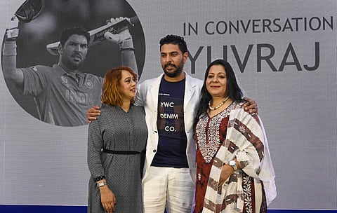 Yuvraj Singh with his mother Shabnam and wife Hazel Keech at the event 'In Conversation With Yuvraj Singh' in Mumbai. (Photo | PTI)