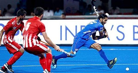 An image from India vs Uzbekistan hockey match in the FIH series. (Photo | @TheHockeyIndia, Twitter)