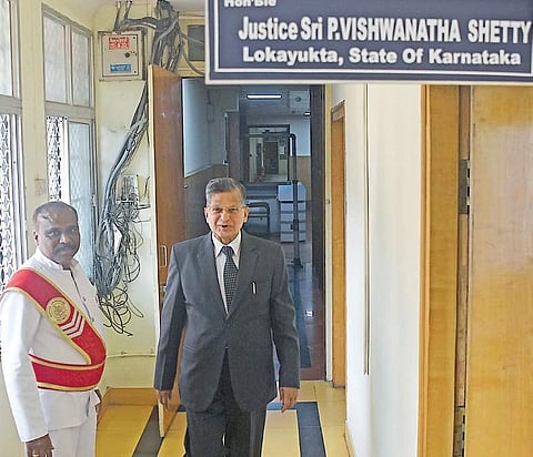 A file image of Lokayukta Justice P Vishwanatha Shetty on his way to his office. (Photo | EPS/Vinod Kumar T)