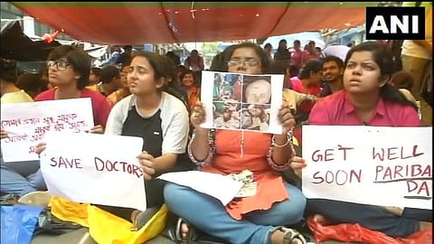 Doctors protesting atNRS Medical College and Hospital. (Photo| ANI)