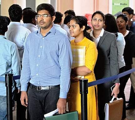 File photo of students waiting for their visa interviews. ( Photo | EPS)
