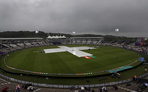 Rain covers on the pitch after play was stopped due to rain during the World Cup cricket match between South Africa and the West Indies at The Ageas Bowl in Southampton. (Photo | AP)