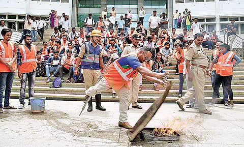 Demonstrations on the different kinds of fire extinguishers and ways to use them were held on campus by fire personnel  Nagaraja Gadekal