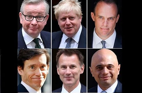 The six contenders left in the race for leader of the Conservative party (top L-R) Britain's Environment, Food and Rural Affairs Secretary Michael Gove, former foreign secretary Boris Johnson, Former Brexit Secretary Dominic Raab (bottom L-R) Britain's In