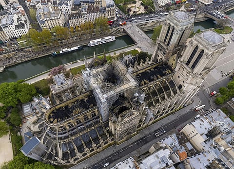 An aerial shot of the fire damage to Notre Dame cathedral in Paris. (Photo | AP)