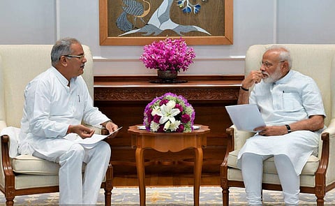 Chief Minister of Chhattisgarh Bhupesh Baghel meets PM Narendra Modi at the latter's office (Photo | Twitter/ PIB India)