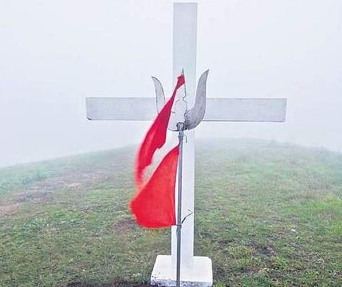 The trident installed by AHP workers near a cross at Panchalimedu on Friday. (Photo | EPS)