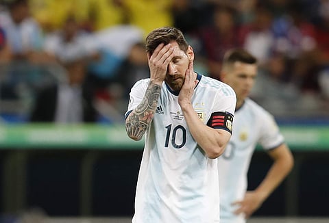Argentina's Lionel Messi reacts during a Copa America Group B soccer match against Colombia at the Arena Fonte Nova in Salvador, Brazil. (Photo | AP)