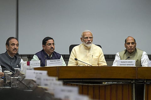 Prime Minister Narendra Modi, Defence Minister Rajnath Singh, Minister of Parliamentary Affairs Pralhad Joshi, Congress leader Gulam Nabi Azad during an all-party meeting ahead of the budget session of Parliament in New Delhi Sunday June 16 2019. | PTI