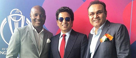 Former Indian cricketers Sachin Tendulkar (C) and Virendra Sehwag (R) with former West Indies cricketer Brian Lara (L) during the India vs Pakistan game. (Photo | @sachin_rt/twitter)