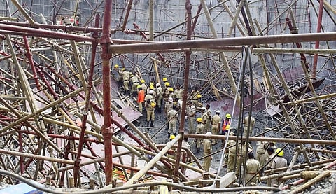 Rescue operation underway after a scaffolding collapsed of an under construction water treatment plant of Bangalore Water Supply and Sewerage Board BWSSB in Bengaluru on 17 June 2019. (Photo | Pandarinath B, EPS)