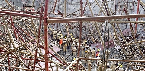 A rescue operation underway after the scaffolding collapsed at an under-construction water treatment plant of BWSSB in Bengaluru  on  Monday. As many as 600 workers were at the site where a gas production dome was being constructed | pandarinath B