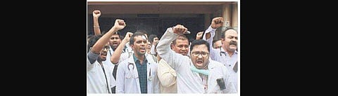 Doctors protest outside Gandhi Hospital in Hyderabad. (Photo | Sathya Keerthi, EPS)