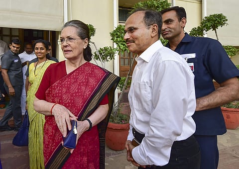 UPA chairperson Sonia Gandhi with Congress MP Adhir Ranjan Chowdhury, NCP leader Supriya Sule after a meeting to decide their strategy in Parliament in New Delhi Tuesday June 18 2019. | PTI