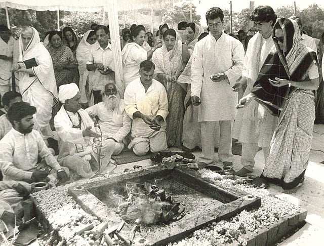 Rahul Gandhi with his mother Sonia and sister Priyanka offering 'Ahums' during the Tenth day function after Rajiv Gandhi's death at Teen Murthi House, Delhi. (Photo | PTI)