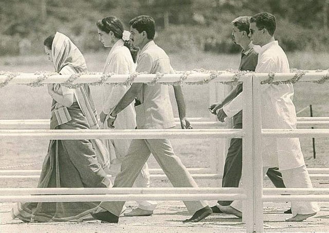 Sonia, Priyanka and Rahul Gandhi (in dark glasses) walking towards the spot where Rajiv Gandhi was assassinated. (EPS: D. Sampathkumar)