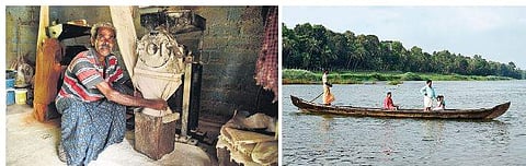 C N Ravi at his flour mill in Vallakadavu in Ranni. (Right) Boatman P R Santhosh ferrying people across the Pampa at Aranmula |Albin Mathew