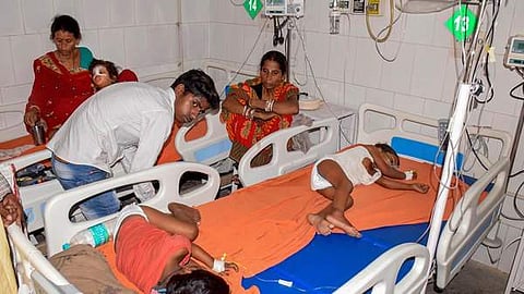 Children showing the symptoms of Acute Encephalitis Syndrome being treated at a hospital in Muzaffarpur. (Photo | PTI)