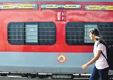 Kanniyakumari Express stationed at Egmore with destination boards for both Kanniyakumari and Thoothukudi | Ashwin Prasath