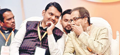 Shiv Sena chief Uddhav Thackeray and  Maharashtra CM Devendra Fadnavis at Sena’s Foundation Day celebration | Pti