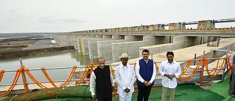 L-R: Telangana Governor ESL Narasimhan, Chief Minister K Chandrasekhar Rao, Maharashtra CM Devendra Fadnavis and Andhra Pradesh CM Jagan Mohan Reddy at the inauguration of the  Kaleshwaram Lift Irrigation Project in Telangana on 21 June 2019. (Photo | Tel