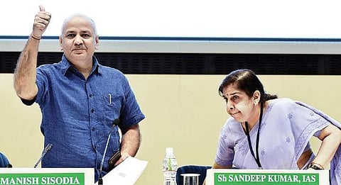 Deputy CM Manish Sisodia and Director of Education Sunita S Kaushik address School Inspectors and the heads of schools of DoE on Thursday (Photo | Parveen Negi)
