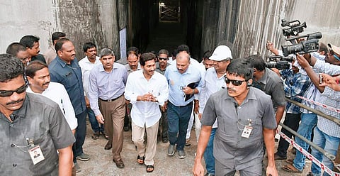 Andhra Pradesh Chief Minister Y S Jagan Mohan Reddy visiting Polavaram project in West Godavari district on Thursday. (Photo | EPS)