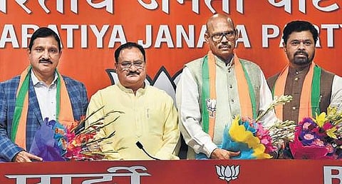 (From left) TDP RS MP YS Chowdary, BJP working president JP Nadda, TDP RS MPs T G Venkatesh and C M Ramesh at the BJP HQ in New Delhi on Thursday. (Photo | Parveen Negi/EPS)