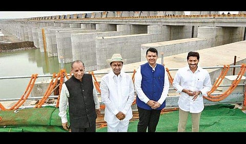 Chief Minister K Chandrasekhar Rao along with Governor E S L Narasimhan and Chief Ministers of Maharashtra and Andhra Pradesh Devendra Fadnavis and  Y S Jagan Mohan Reddy after inaugurating Kaleshwaram project in Jaishankar Bhupalapally district. (Photo |