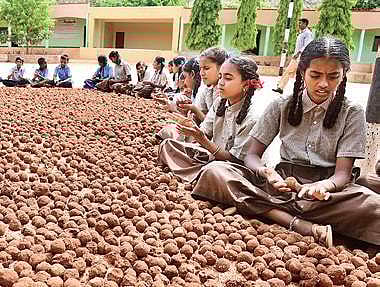 Students of a government school making seed balls at Kallinayakanahalli village in Gouribidanur taluk | Vinod Kumar T