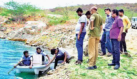 Field survey conducted by Metro Water officials at the Pulipakkam quarry near Chengalpet on Saturday. | Express Photo Services