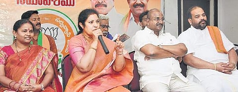BJP national leader Daggubati Purandareswari addressing a press conference at YMVA hall MLC Somu Virraju and others seen in Rajamahendravaram on Thursday. (Photo | EPS)