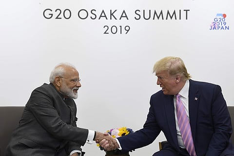 US President Donald Trump shakes hands with Indian Prime Minister Narendra Modi during a meeting on the sidelines of the G-20 summit (Photo | AP)