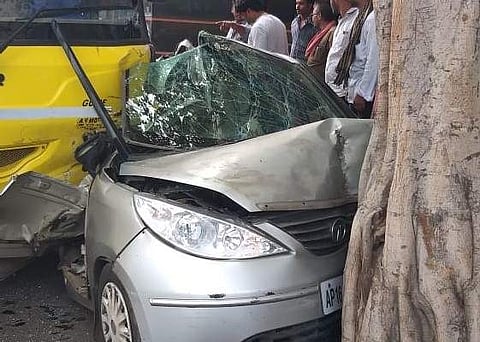 The school bus created ruckus on Eluru Road in Vijayawada and hit a fourwheeler from backside during the peak hours of Saturday (Express by Prasant Madugula)
