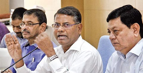 State Election Commissioner V Nagi Reddy speaks at a press conference in Hyderabad. (Photo | S Senbagapandiyan, EPS)