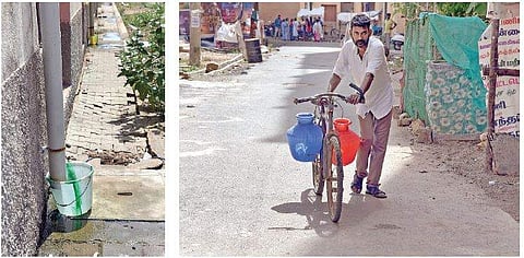 Water collected from pipes that drain excess water from overhead tanks; a resident carries water pots on his bicycle. | (Martin Louis | EPS)