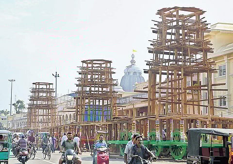 Construction of chariots underway in full swing for the annual Rath Yatra in Puri on Friday | Irfana