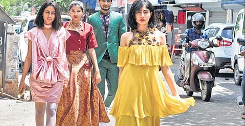 Models display designs during the press meet of JD Institute of Fashion Technology | A Sanesh