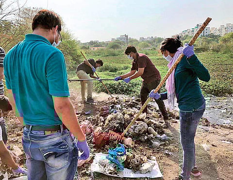 Volunteers clearing trash around a lake in the city on Sunday | Express