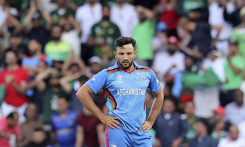 Afghanistan's captain Gulbadin Naib reacts after a delivery during the Cricket World Cup match between Pakistan and Afghanistan at Headingley in Leeds. (Photo | AP)